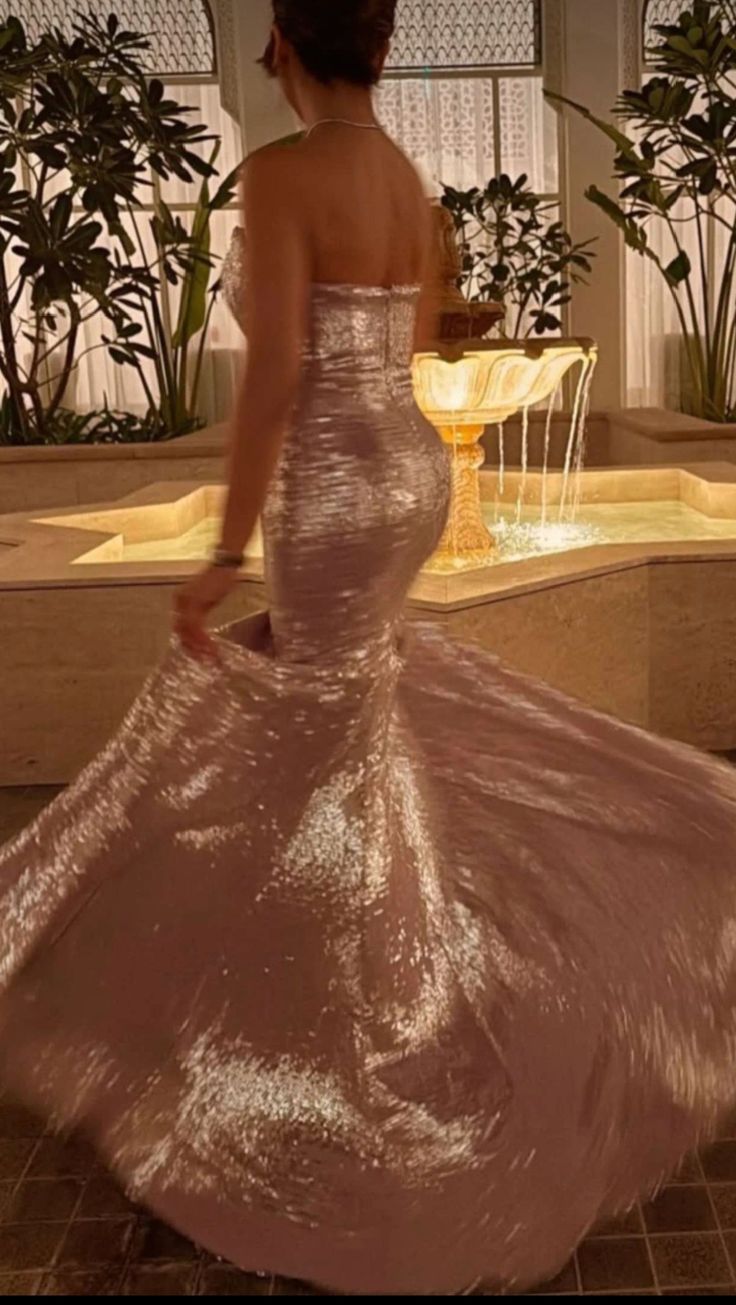 Sparkling Pink Strapless Mermaid Sequin Train Prom Dress cc5605