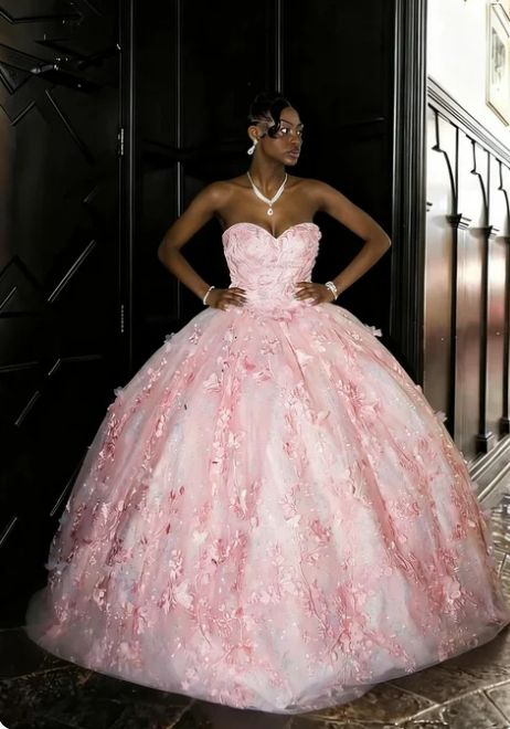 Princess Pink Heart Neck 3D Floral Tulle Prom Dress Sweet 16 Birthday Dress cc5609