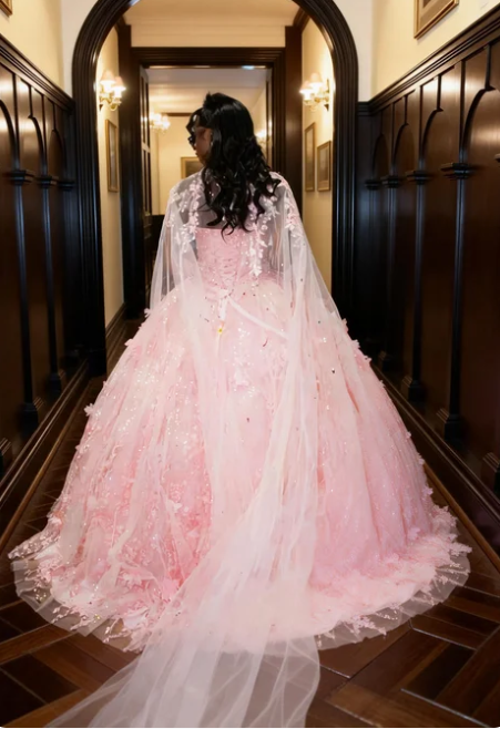 Princess Pink Heart Neck 3D Floral Tulle Prom Dress Sweet 16 Birthday Dress cc5609