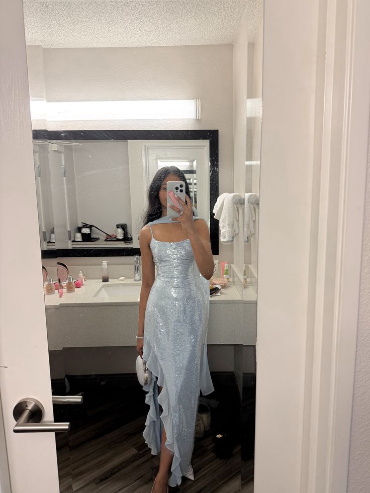 Shimmering Light Blue Irregular Strap Square Neck Slit Sequin Party Dress Bridesmaid Dress cc4781