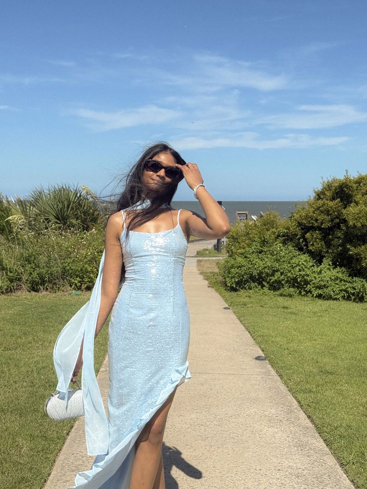 Shimmering Light Blue Irregular Strap Square Neck Slit Sequin Party Dress Bridesmaid Dress cc4781