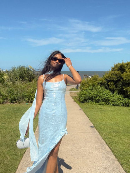 Shimmering Light Blue Irregular Strap Square Neck Slit Sequin Party Dress Bridesmaid Dress cc4781