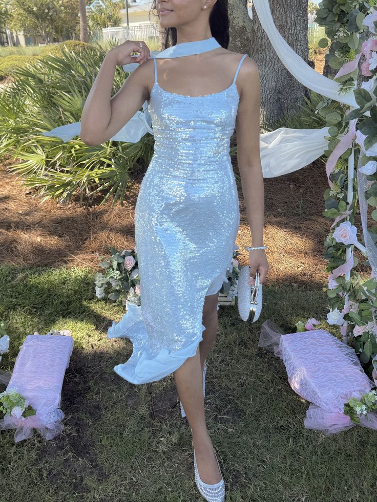 Shimmering Light Blue Irregular Strap Square Neck Slit Sequin Party Dress Bridesmaid Dress cc4781