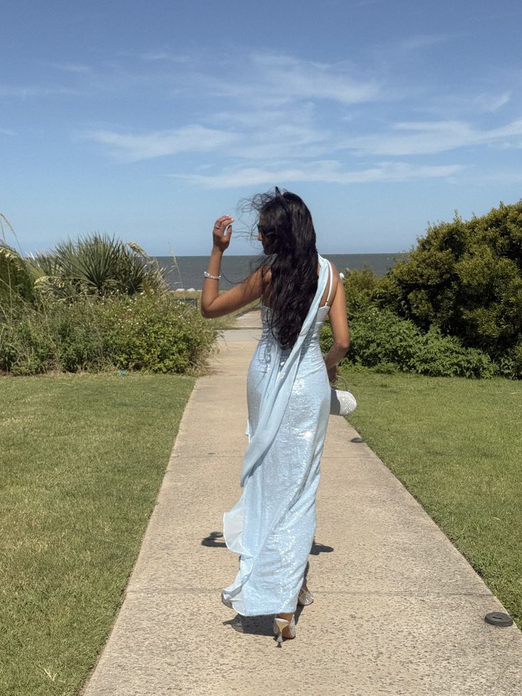 Shimmering Light Blue Irregular Strap Square Neck Slit Sequin Party Dress Bridesmaid Dress cc4781