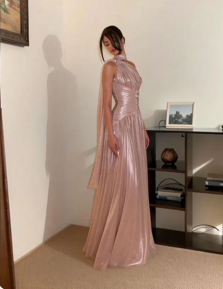 Elegant Dusty Pink One Shoulder Ruched Satin Long Prom Dress Evening Dress cc5610