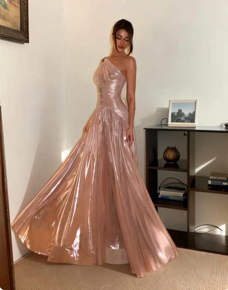 Elegant Dusty Pink One Shoulder Ruched Satin Long Prom Dress Evening Dress cc5610