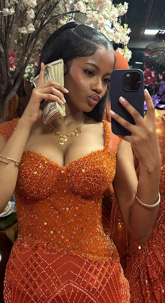 Gorgeous Orange Mermaid Beaded High Slit Tulle Long Prom Dress Evening Dress cc5611