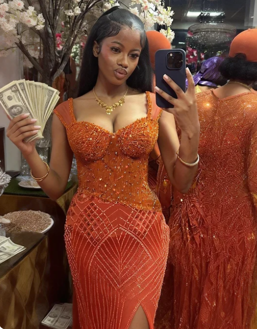 Gorgeous Orange Mermaid Beaded High Slit Tulle Long Prom Dress Evening Dress cc5611