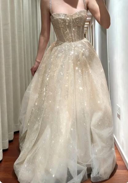 Shiny Champagne Gold Spaghetti Strap A-Line Sequin Tulle Long Prom Dress Evening Dress cc5617