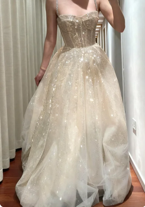 Shiny Champagne Gold Spaghetti Strap A-Line Sequin Tulle Long Prom Dress Evening Dress cc5617