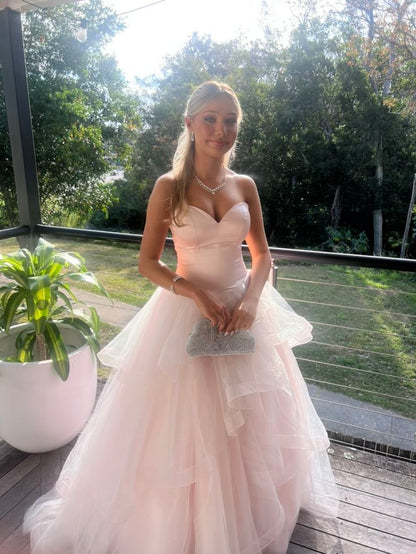 Sweet Pink Heart Neck A-Line Layered Tulle Long Prom Dress Evening Dress cc5618