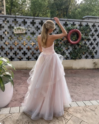 Sweet Pink Heart Neck A-Line Layered Tulle Long Prom Dress Evening Dress cc5618