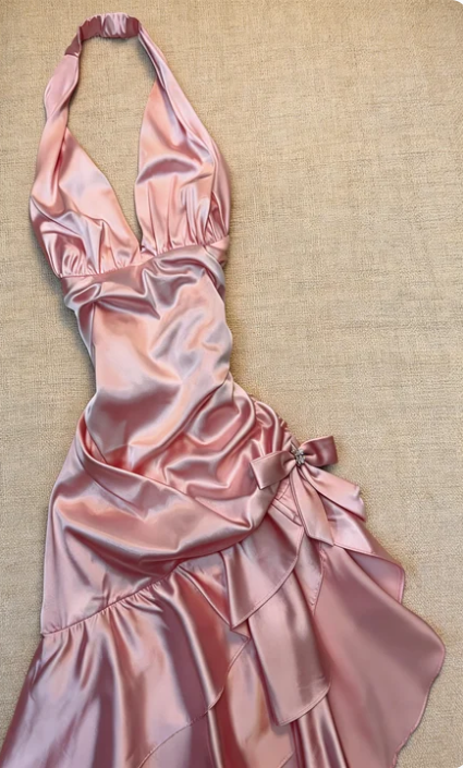 Sweet Pink Halter V-Neck Bow Ruffle Satin Prom Prom Birthday Dress cc5619