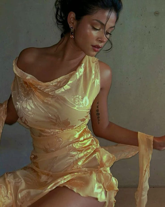 Retro Elegant Gold Off-shoulder Collar Jacquard Pattern Satin Birthday Dress Homecoming Dress cc4082