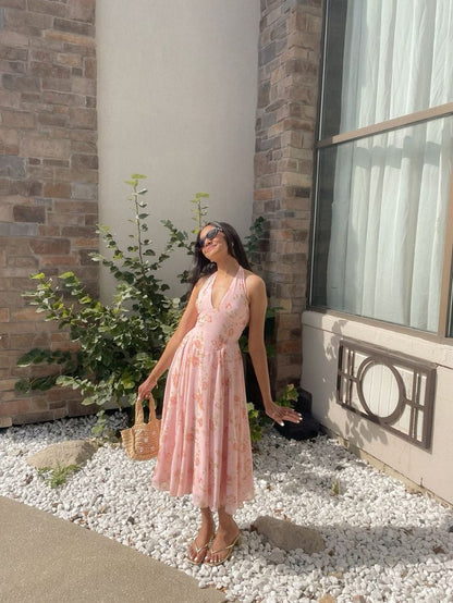 Sweet Pink Printed A-line Off-shoulder Neck Chiffon Long Prom Dress Evening Dress cc4782