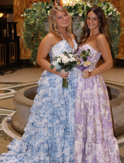 Dreamy Purple White Jacquard Strapless A-Line Rose Embroidery Satin Long Prom Dress Evening Dress cc5620