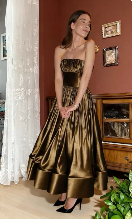 Vintage Bronze Gold Strapless A-Line Satin Long Prom Dress Evening Dress cc5622