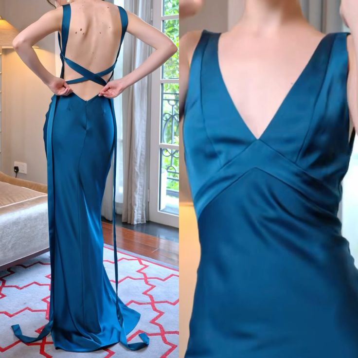 Elegant Lake Blue V-Neck Cross Lace-up Backless Mermaid Satin Long Prom Dress Evening Dress cc5623