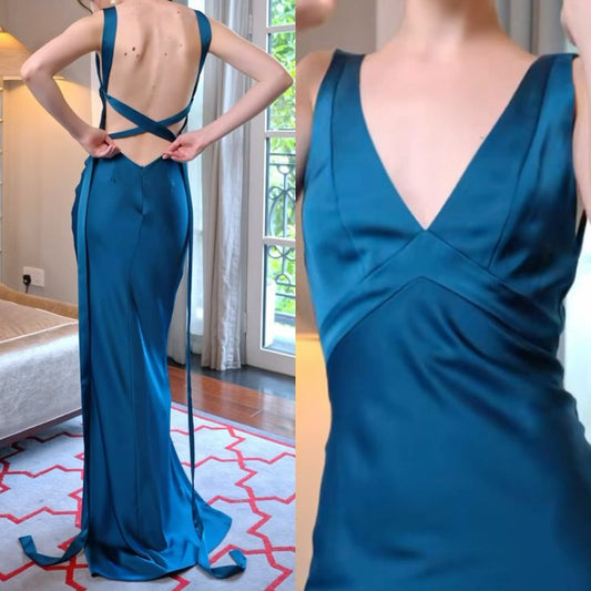 Elegant Lake Blue V-Neck Cross Lace-up Backless Mermaid Satin Long Prom Dress Evening Dress cc5623