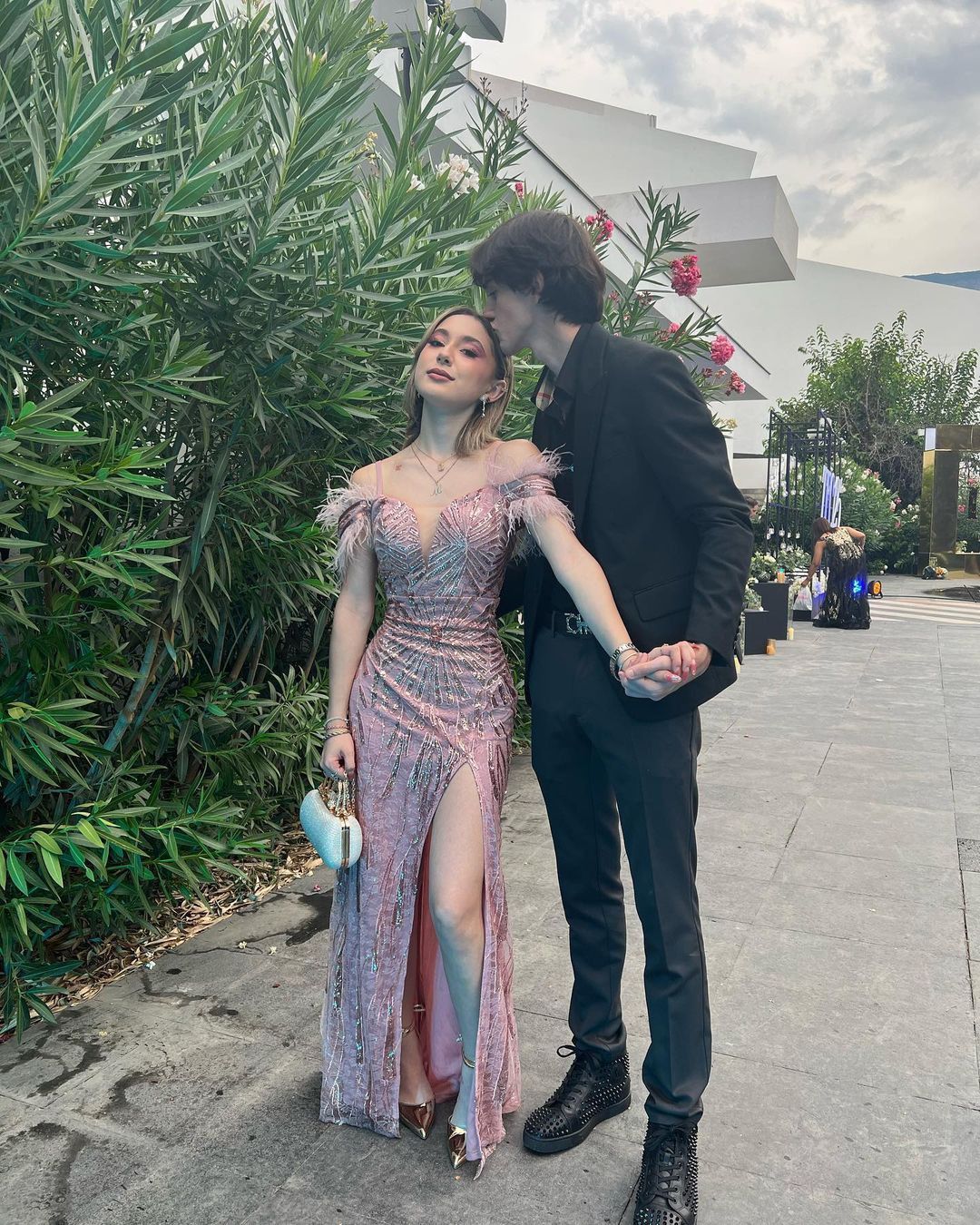 Gorgeous Pink High Slit Feather Sequin Long Prom Dress Evening Dress cc4783