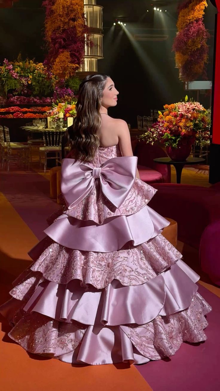 Sweet Pink & Purple Strapless Double Bow Layered Satin Ball Gown Sweet 16 Dress cc5631