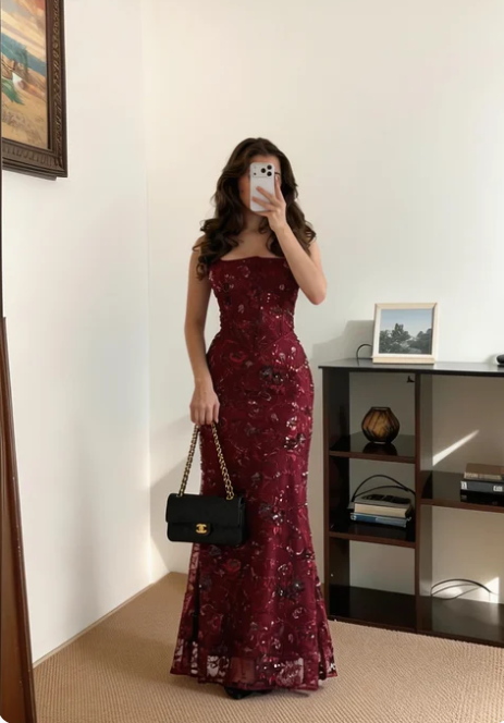 Vintage Burgundy Mermaid Sequin Beaded Lace Long Prom Dress Evening Dress cc5632