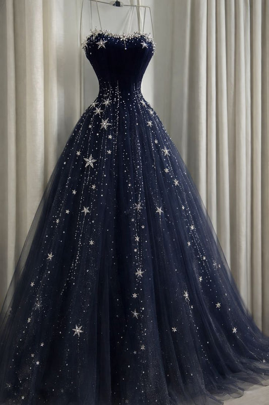 Dreamy Starry Night Navy Blue Star Beaded Tulle Long Prom Dress Evening Dress cc5633