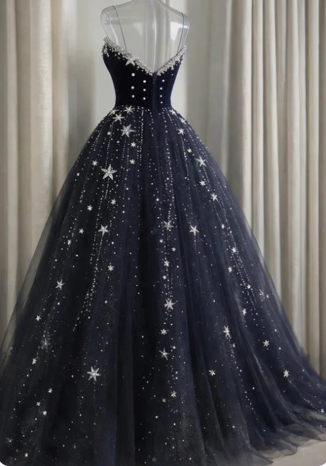 Dreamy Starry Night Navy Blue Star Beaded Tulle Long Prom Dress Evening Dress cc5633