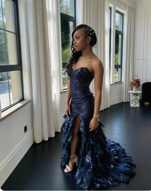 Elegant Navy Blue Strapless High Slit Layered Mermaid Sequin Tulle Train Prom Dress Evening Dress cc5634