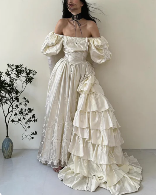 Vintage Court Off-White Off-the-Shoulder Embroidered Layered Ruffle Train Satin Wedding Dress cc5636
