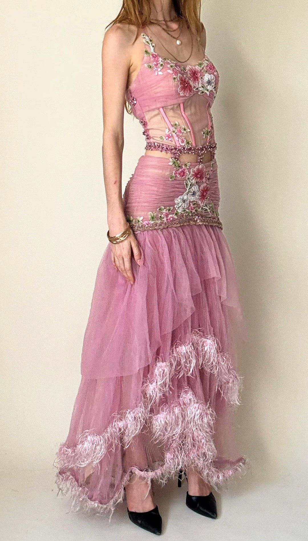 Vintage Pink A-line Embroidered Feather Tulle Long Prom Dress Evening Dress cc4784