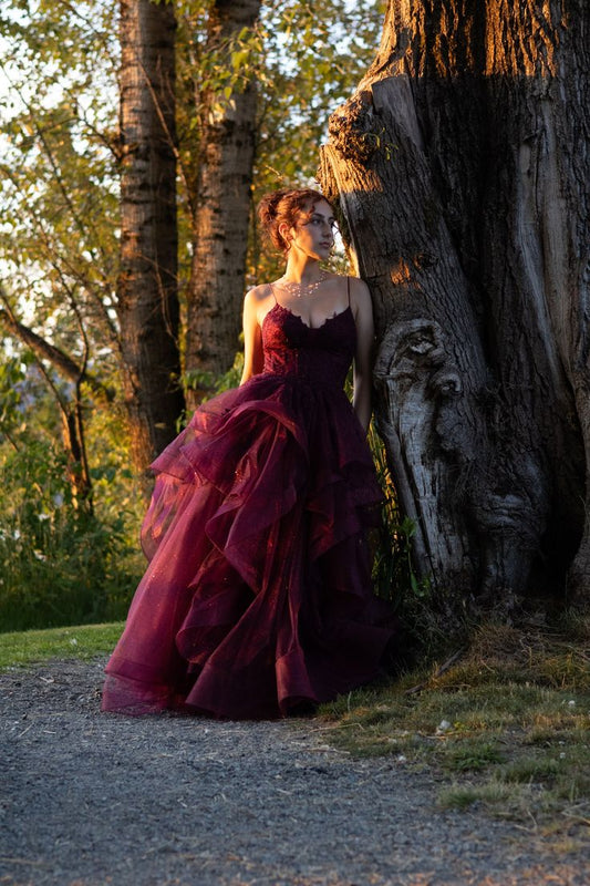 Vintage Burgundy Spaghetti Strap A-Line Multi-Layer Sequin Tulle Long Prom Dress Evening Dress cc5646