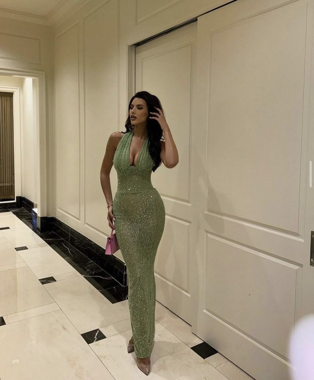 Sexy Light Green Mermaid Halter Neck Sequin Long Prom Dress Evening Dress cc4785