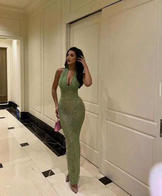 Sexy Light Green Mermaid Halter Neck Sequin Long Prom Dress Evening Dress cc4785