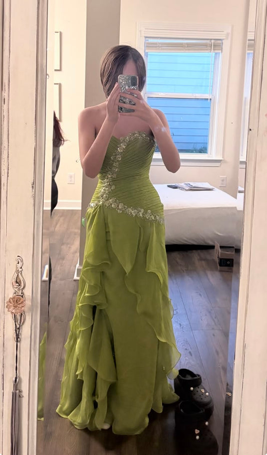 Elegant Lime Green Strapless Irregular Ruffle Chiffon Long Prom Dress Evening Dress cc5650