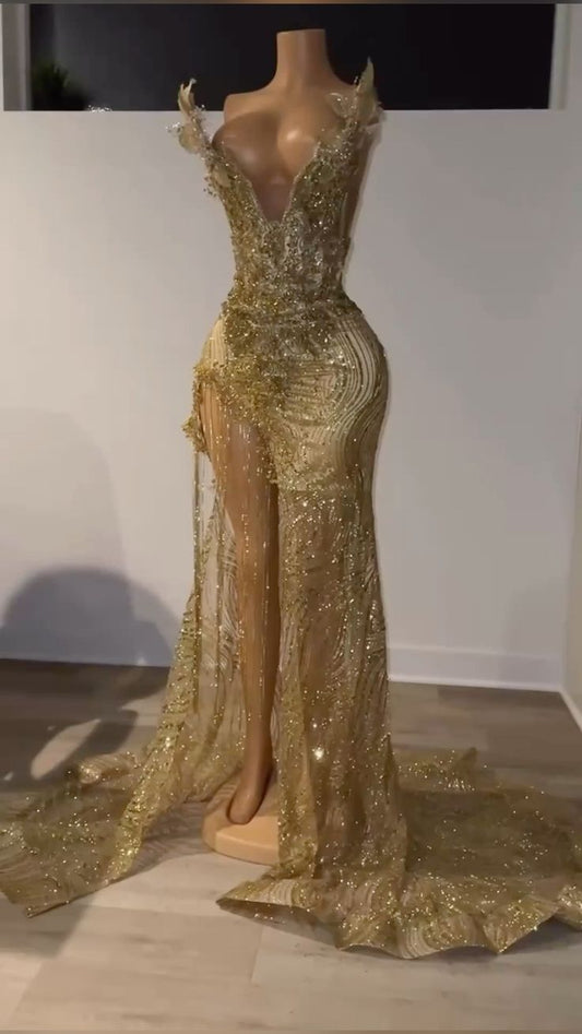 Luxury Gold Foil Deep V Strapless Beaded High Slit Train Tulle Prom Dress Evening Dress cc5654