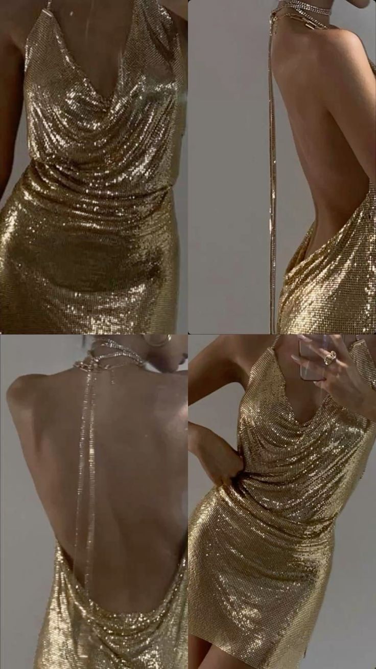 Luxury Sparkling Gold Deep V Halter Neck Open Back Sequin Birthday Party Homecoming Dress cc4086