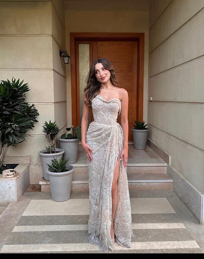 Elegant Strapless High Slit Sequin Long Prom Dress Evening Dress Bridesmaids Dress cc4786