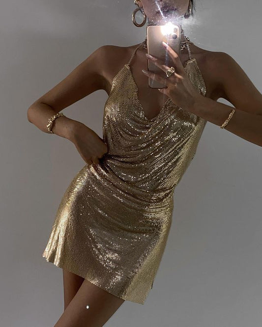 Luxury Sparkling Gold Deep V Halter Neck Open Back Sequin Birthday Party Homecoming Dress cc4086