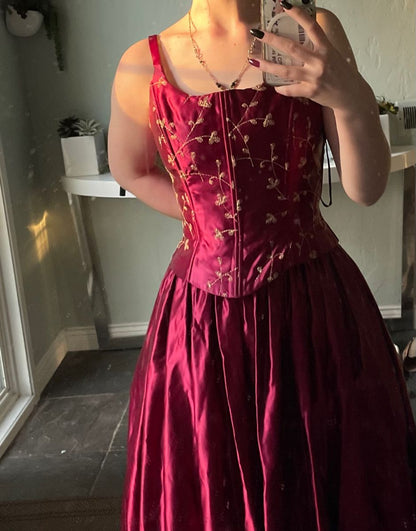 Vintage Burgundy A-line Strap Square Neck Embroidered Satin Long Prom Dress Evening Dress cc4787