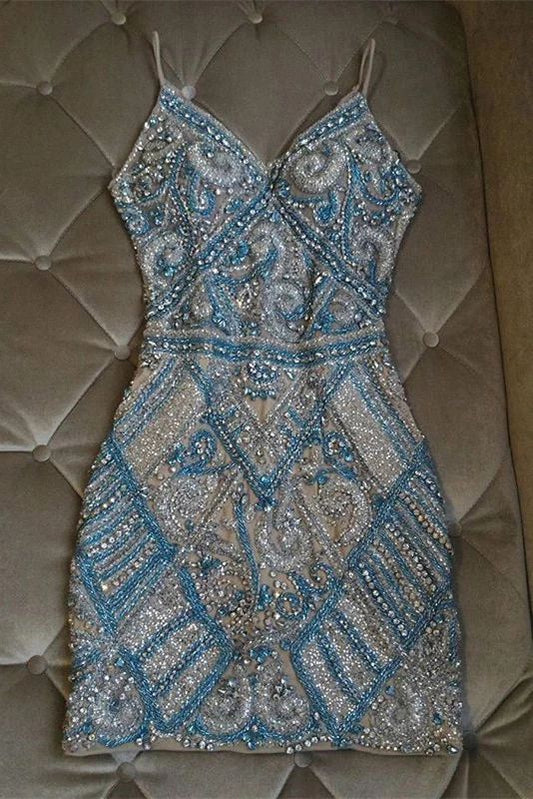 Retro Gorgeous Silver Blue Deep V Strap Beaded Embroidery Short Birthday Party Homecoming Dress cc4089