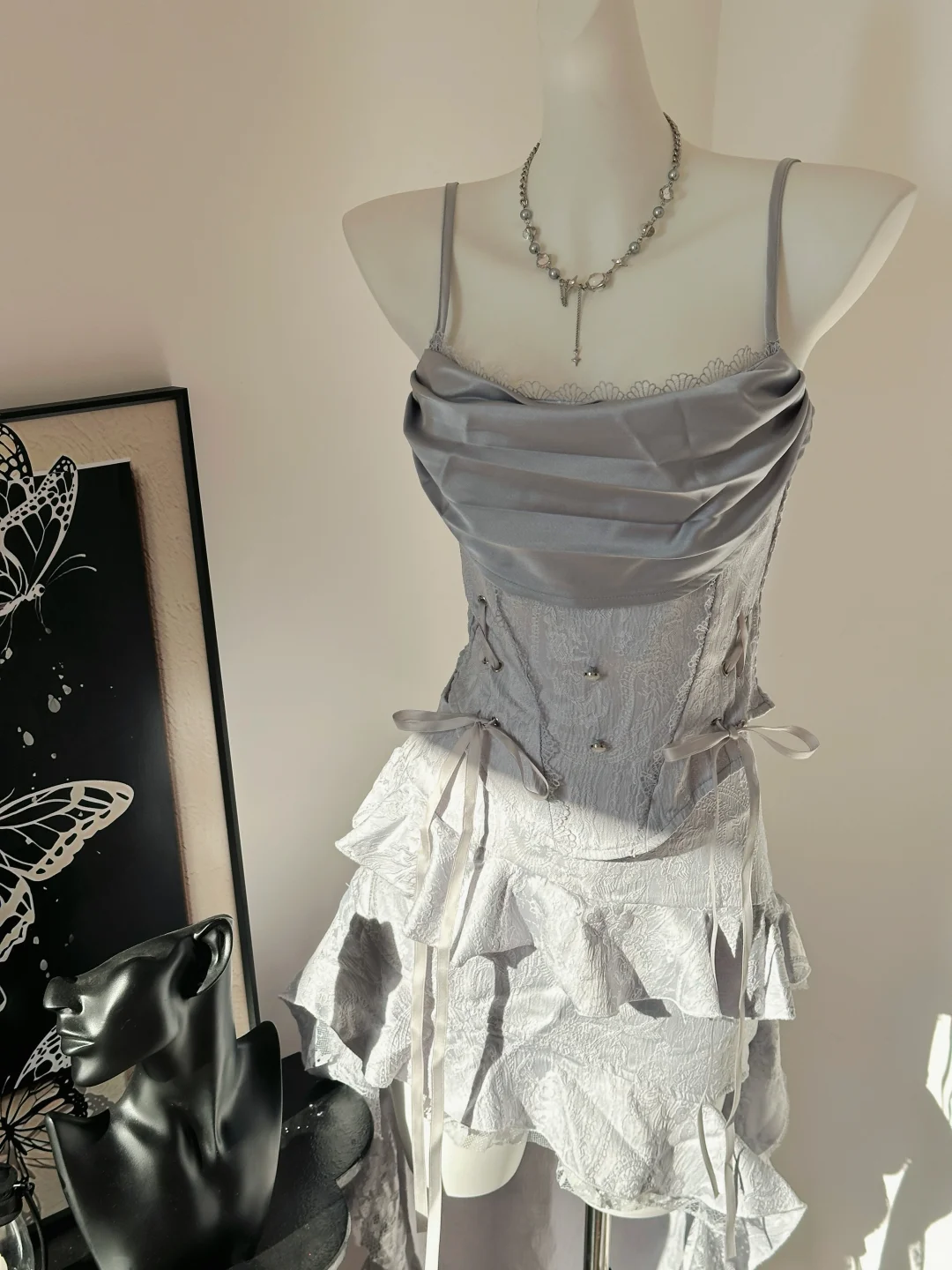 Cute Spaghetti Straps Satin Lace Ruffles A Line Homecoming Dress Formal Birthday Outfits cc3225