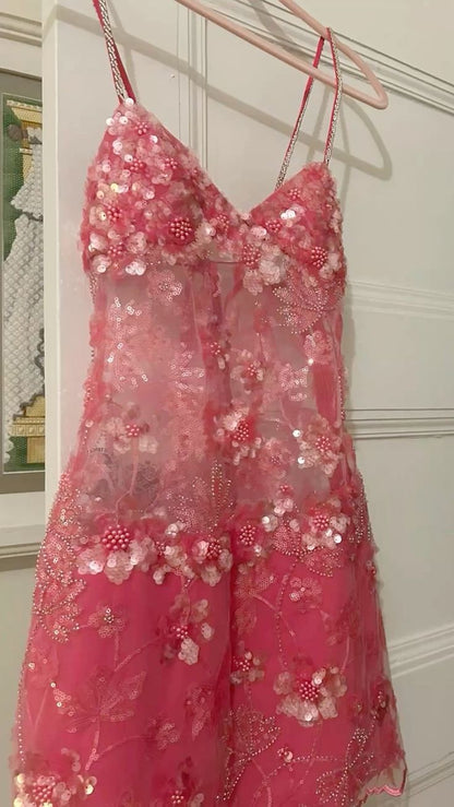 Cute Pink Sequined Beaded Halter Dress For 17th Birthday Homecoming cc4008