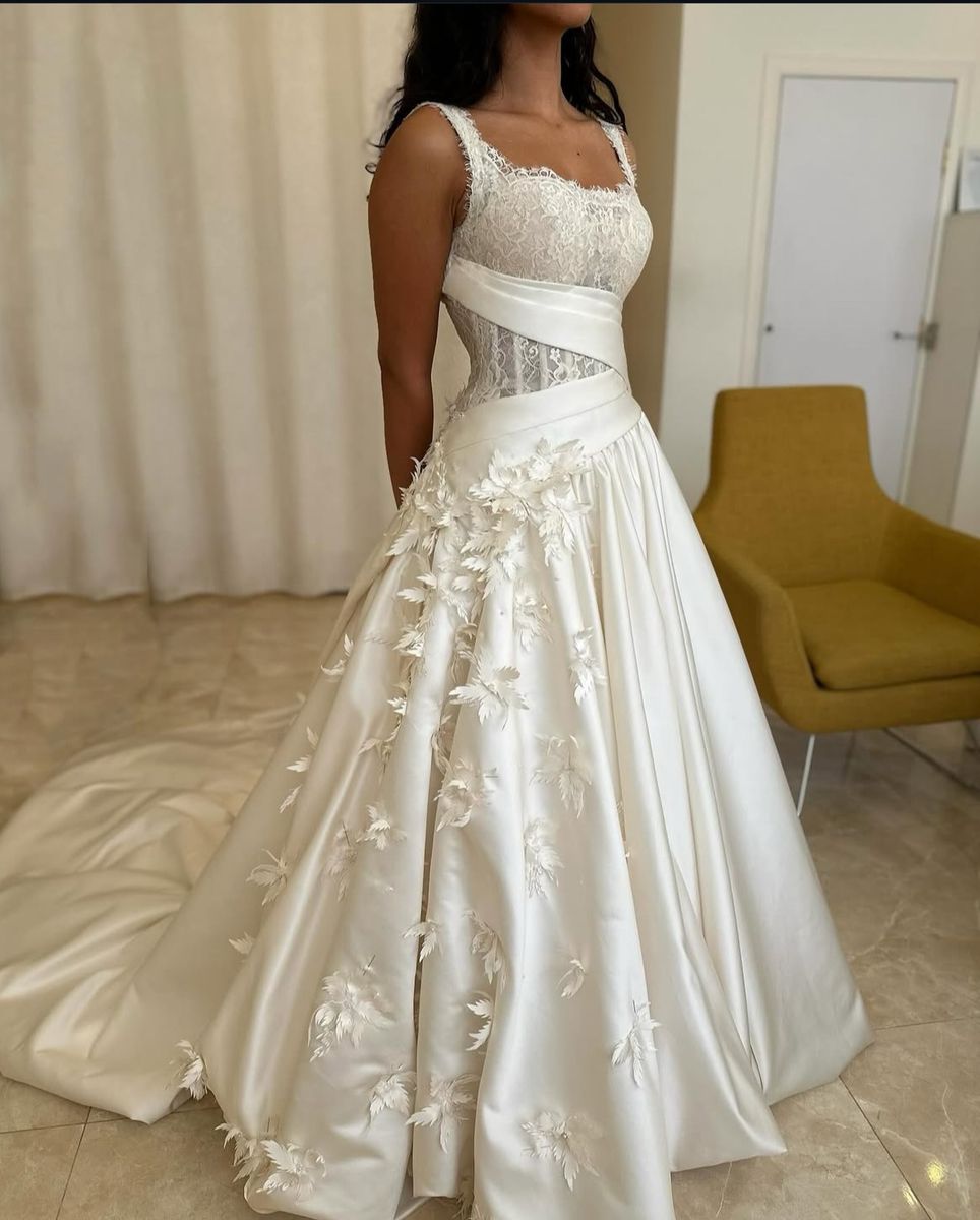 Elegant White A-Line Lace and 3D Floral Satin Wedding Dress cc4709