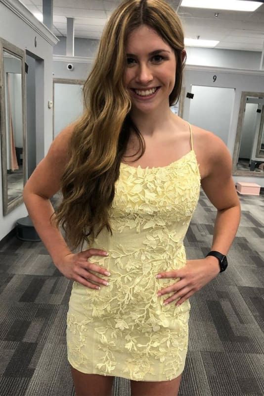 Sweet Light Yellow Suspender Square Neck Three-dimensional Lace Floral Slim Short Birthday Dress Homecoming Dress cc4090