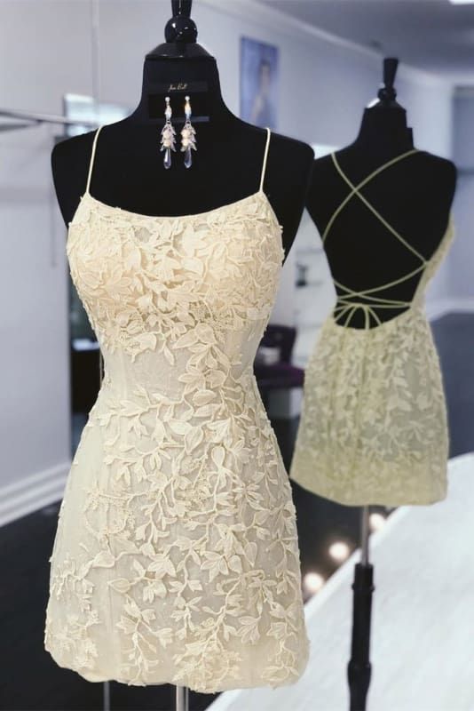 Sweet Light Yellow Suspender Square Neck Three-dimensional Lace Floral Slim Short Birthday Dress Homecoming Dress cc4090