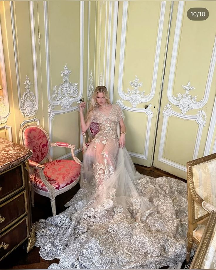 Luxury Palace Nude Pink Mermaid Trailing V-Neck Lace Tulle Prom Dress Evening Dress cc4791