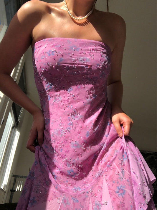 Retro Pink And Purple Tube Top Printed Beaded Chiffon Birthday Party Homecoming Dress cc4093