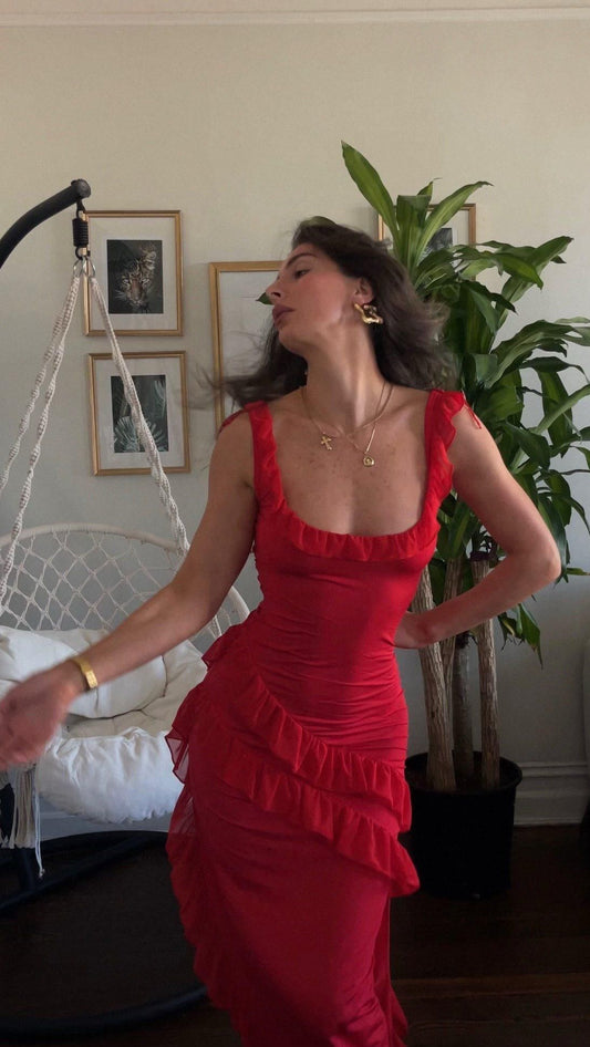 Vintage Red Slim Square Neck Ruffled Chiffon Long Prom Dress Evening Dress cc4794