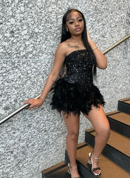 Gorgeous Black Sequined Feather Short Birthday Party Homecoming Dress cc4097